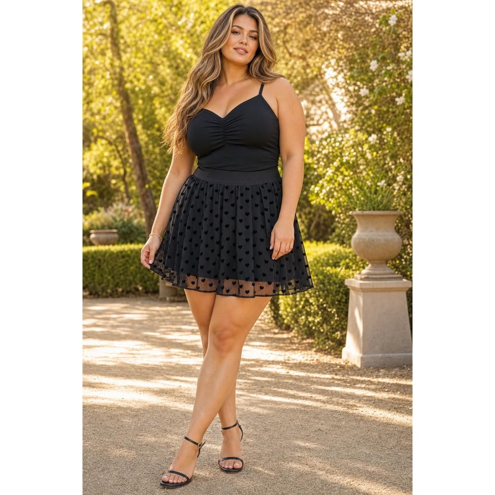 TORRID Mini Skirt Women's 2x Black Flocked Heart Chiffon Coquette Romantic